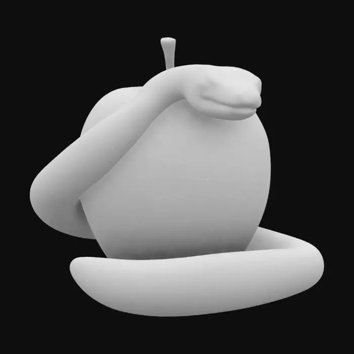 3D model for Create a high-quality, detailed 3D model of a green apple that features a bite taken out of one side. Additionally, incorporate a python snake that is artistically wrapped around the apple, ensuring that both the apple and the snake are rendered with precision and realism. The final model should emphasize texture, color, and the intricate details of both the apple and the snake, capturing their natural characteristics.