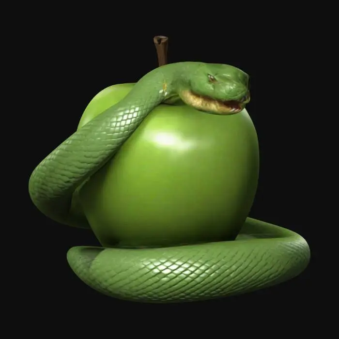3D model for Create a high-quality, detailed 3D model of a green apple that features a bite taken out of one side. Additionally, incorporate a python snake that is artistically wrapped around the apple, ensuring that both the apple and the snake are rendered with precision and realism. The final model should emphasize texture, color, and the intricate details of both the apple and the snake, capturing their natural characteristics.
