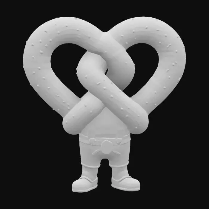 3D model for a charismatic Bavarian pretzel with a proud twisted pose, wearing tiny lederhosen, juggling salt crystals while humming folk tunes cheerfully
