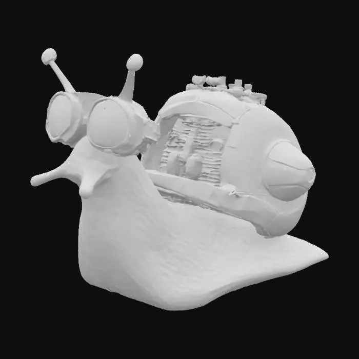 3D model for a speed-obsessed snail with a chrome-plated turbocharger shell, wearing racing goggles