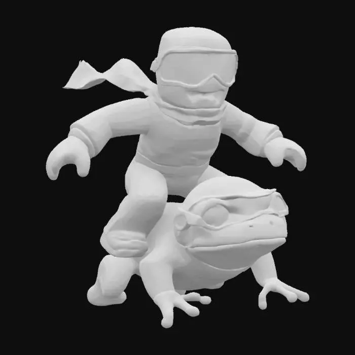 3D model for a cheerful bald Roblox noob in racing gear, bouncing excitedly atop a determined frog wearing a tiny helmet, both sporting matching checkered scarves as they zoom forward, white background