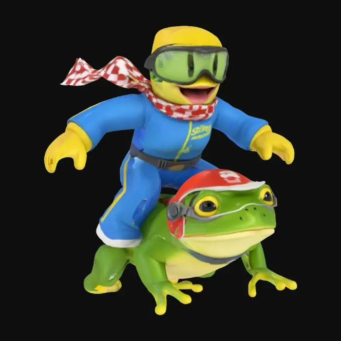 3D model for a cheerful bald Roblox noob in racing gear, bouncing excitedly atop a determined frog wearing a tiny helmet, both sporting matching checkered scarves as they zoom forward, white background