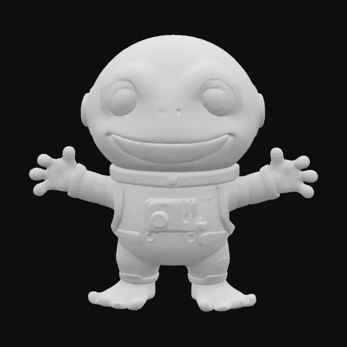 3D model for urocza szczęśliwa żaba w stroju kosmonauty, rozstawiająca ręce w geście przytulania
