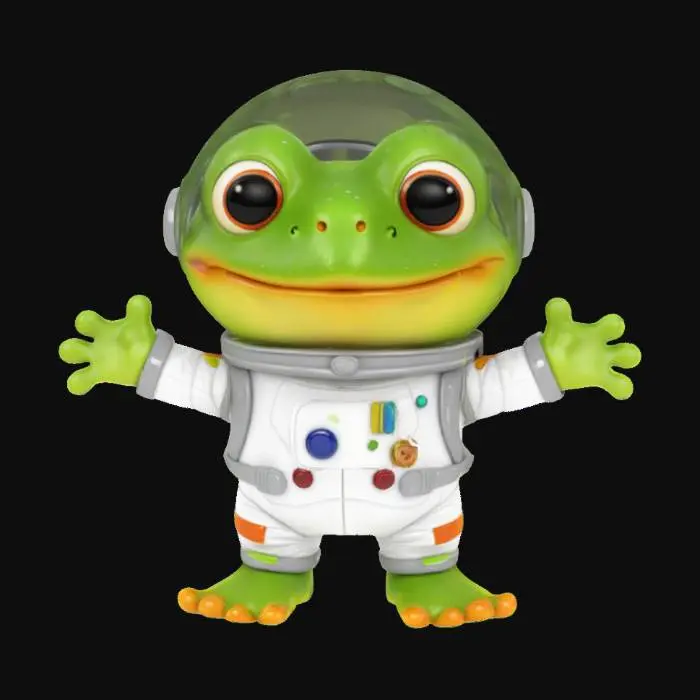 3D model for urocza szczęśliwa żaba w stroju kosmonauty, rozstawiająca ręce w geście przytulania