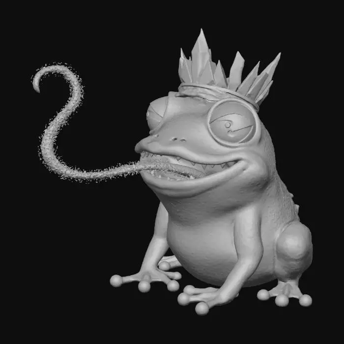 3D model for a playful frog with icy blue skin, bulging frog eyes, and a frozen grin, wearing a crown of frost crystals and sticking out a long, sparkly tongue, white background