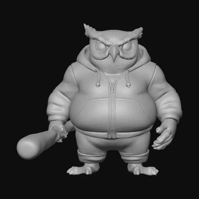 3D model for Duolingo owl, bright green, fat and muscular, wearing black tracksuit pants and black tracksuit hoodie, holding a baseball bat, angry face