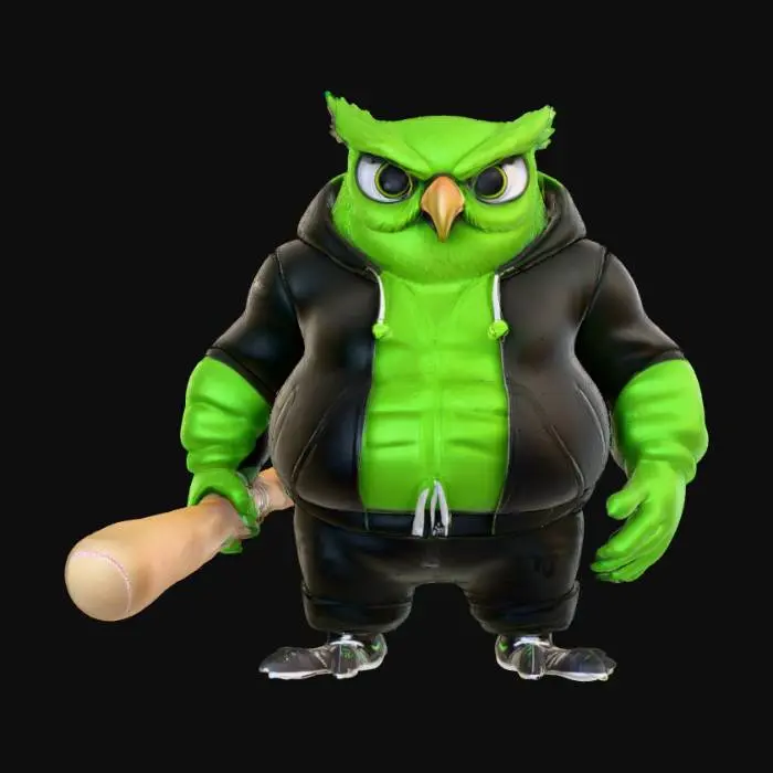 3D model for Duolingo owl, bright green, fat and muscular, wearing black tracksuit pants and black tracksuit hoodie, holding a baseball bat, angry face