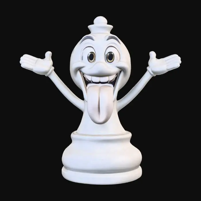 3D model for #anthropomorphic#,  Create a model of an anthropomorphic chess pawn. The pawn should have arms and legs. The arms should be raised. The pawn should have spherical head. On the head, there should be large cute eyes and laughing mouth. In the mouth should be visible large, prominent tongue. The model should be bilaterally symmetrical. Try to create a high quality, detailed model.