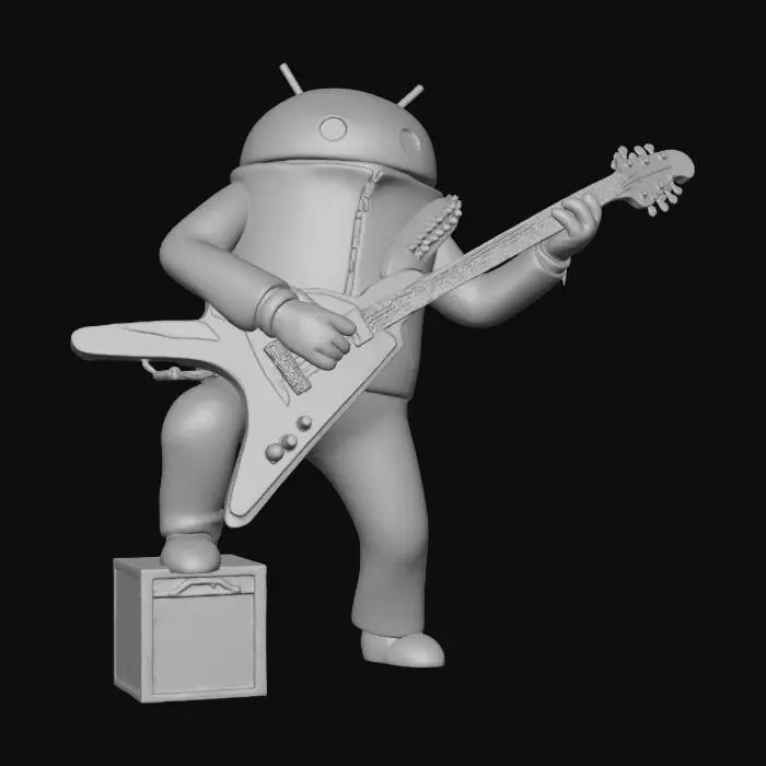 3D model for Android logo mascot playing a V-Style heavy metal guitar, wearing dark tracksuit clothes
