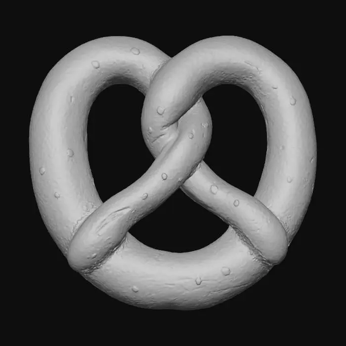 3D model for Create a model of a Bavarian pretzel. The pretzel should have its distinctive, twisted shape. The pretzel should be made of dark bread. The pretzel should have large salt crystals on the surface. Try to create a high quality, detailed model.