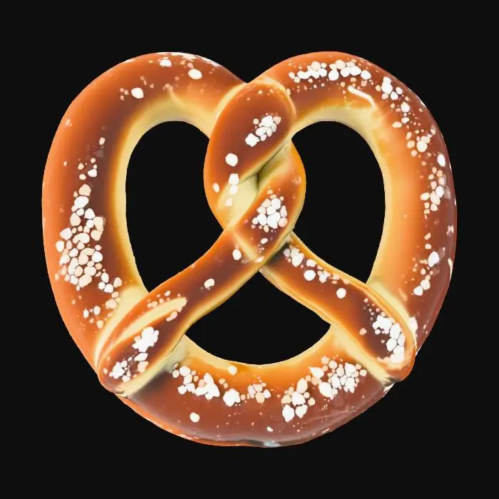 3D model for Create a model of a Bavarian pretzel. The pretzel should have its distinctive, twisted shape. The pretzel should be made of dark bread. The pretzel should have large salt crystals on the surface. Try to create a high quality, detailed model.