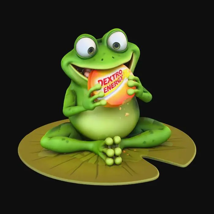 3D model for a funny cartoonish frog taking Dextro Energy glucose tablets