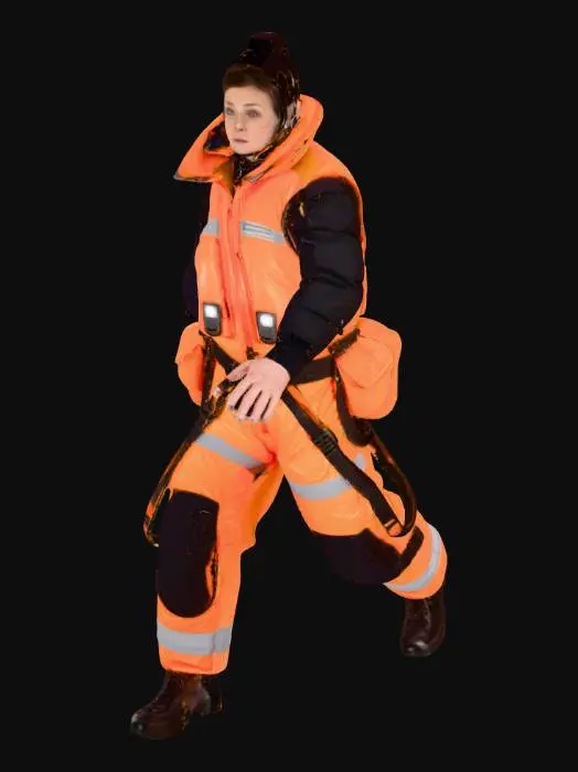 3D model for 비상 탈출을 준비하는 승객이 T자 자세로 서 있는 모습. 구명조끼를 착용한 채 낙하산 하니스가 몸에 고정되어 있으며, 두 팔을 수평으로 벌려 좌우 대칭을 유지하고 있다. 구명조끼는 밝은 주황색이며 반사 스트립이 조명을 받아 반짝인다. 낙하산은 펼쳐지기 전 상태로 하니스와 연결된 줄이 정돈되어 있다. 인물은 전신이 정면에서 명확히 보이며, 중립적인 표정과 단단한 자세를 유지한다. 배경은 간단하거나 비행기 내부 출입문 앞에서 설정해도 좋으며, 전체적인 구성은 인물 중심, 좌우 대칭, 리깅이 용이하도록 신체 각 부위가 명확히 보이도록 한다. 스타일은 고해상도 디지털 일러스트 혹은 3D 컨셉 아트로 구성.