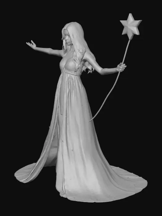 3D model for A tall, slender, graceful goddess of luck in a T-pose, viewed from the front.
She has a delicate and ethereal figure, with long silver hair flowing down to her waist.
Her expression is gentle, serene, and mysterious, with a divine aura.
She holds a long wand in her right hand, with a glowing star at the tip.
Wearing a flowing, semi-transparent silk gown in sky blue and white, shimmering like starlight.
The gown is floor-length, with subtle star patterns and sparkles at the hem.
Skin is luminous and fair, almost glowing.
She radiates elegance and quiet celestial power.
Clean white or gray background for modeling reference.