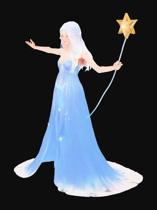 3D model for A tall, slender, graceful goddess of luck in a T-pose, viewed from the front.
She has a delicate and ethereal figure, with long silver hair flowing down to her waist.
Her expression is gentle, serene, and mysterious, with a divine aura.
She holds a long wand in her right hand, with a glowing star at the tip.
Wearing a flowing, semi-transparent silk gown in sky blue and white, shimmering like starlight.
The gown is floor-length, with subtle star patterns and sparkles at the hem.
Skin is luminous and fair, almost glowing.
She radiates elegance and quiet celestial power.
Clean white or gray background for modeling reference.