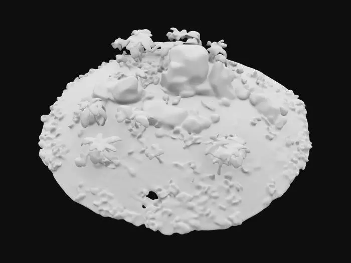 3D model for A large sandy Island, with a somewhat elevated terrain and some large rock formations, some bushes, and lots of palm trees. highly stylized 3d-film style. pixar animation style.