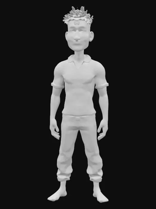 3D model for The object is a stylized 3d character human figure standing in a "T" pose, hands spread straight out to the sides, wearing wet and tattered shirt and pants with a glossy, water-soaked texture. pixar style.
