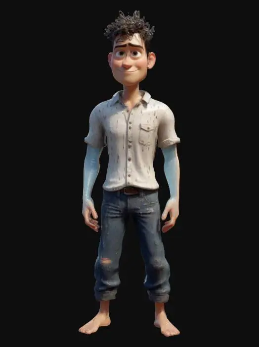 3D model for The object is a stylized 3d character human figure standing in a "T" pose, hands spread straight out to the sides, wearing wet and tattered shirt and pants with a glossy, water-soaked texture. pixar style.
