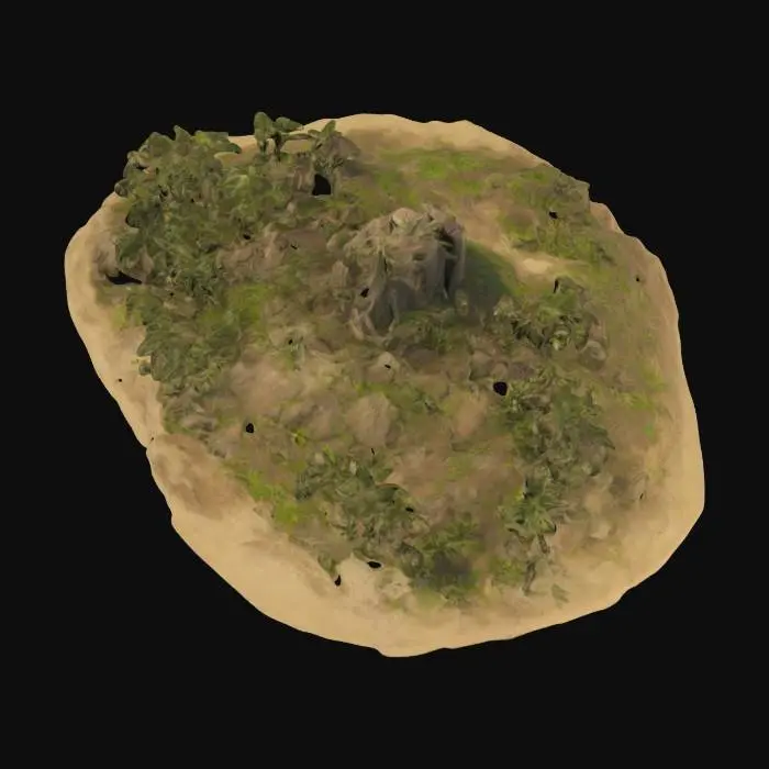 3D model for A large Island, most of it is sandy, with some rock out crops, some bushes, and lots of palm trees. highly stylized feature-film style.
