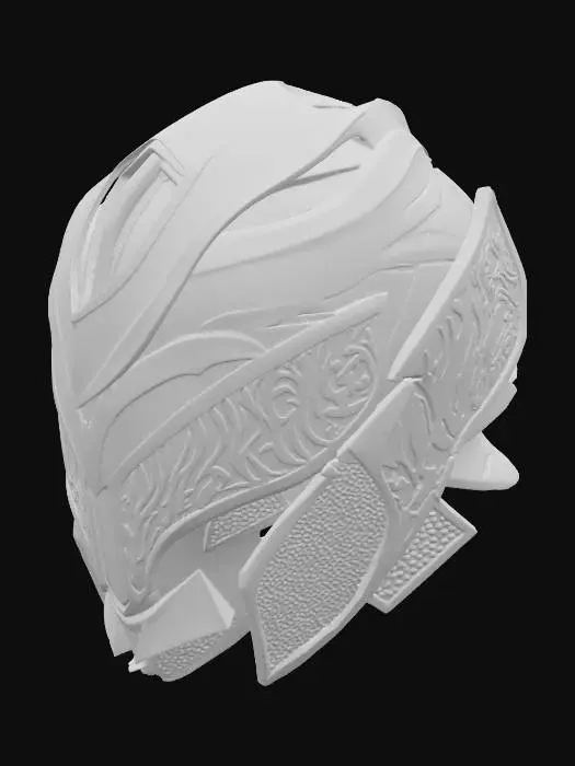 3D model for The helmet is a striking piece of
futuristic or fantasy armor, characterized by a dominant color scheme of dark teal or deep blue-green with prominent luminous green accents.
Its design is intricate and ornate, incorporating:
Sharp, angular contours that give it a sleek and powerful silhouette, suggestive of a warrior or a superhero.
Elaborate, almost glowing green patterns that resemble ancient script or organic, vine-like motifs, particularly noticeable on the brow, cheek guards, and around the jawline.
Layered plates and segmented construction, creating a sense of robust protection and detailed craftsmanship.
