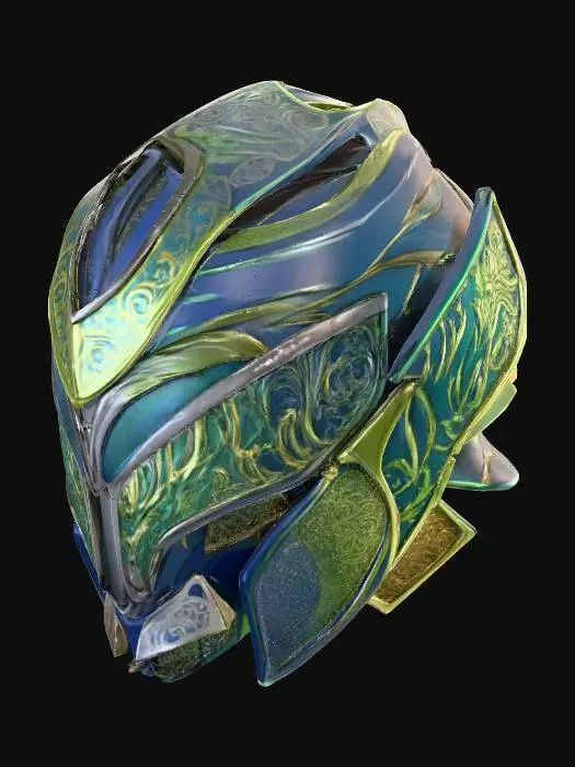3D model for The helmet is a striking piece of
futuristic or fantasy armor, characterized by a dominant color scheme of dark teal or deep blue-green with prominent luminous green accents.
Its design is intricate and ornate, incorporating:
Sharp, angular contours that give it a sleek and powerful silhouette, suggestive of a warrior or a superhero.
Elaborate, almost glowing green patterns that resemble ancient script or organic, vine-like motifs, particularly noticeable on the brow, cheek guards, and around the jawline.
Layered plates and segmented construction, creating a sense of robust protection and detailed craftsmanship.