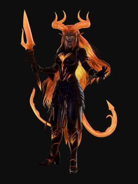 3D model for dark fantasy female demon warrior-sorceress, standing in an epic pose, long black flowing hair, elegant crimson horns, glowing red eyes, wearing detailed molten black and red armor with fiery runes, flames flowing through armor veins, one hand holding a blazing fire whip made of molten energy, the other channeling infernal magic, long tattered skirt with metal ornaments, armored boots on cracked volcanic ground glowing with lava, surrounded by embers and heat distortion, cinematic lighting, extremely detailed, high resolution texture, epic stance