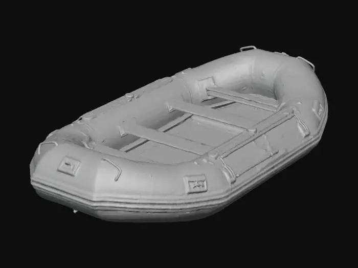 3D model for A sturdy inflatable rafting boat, crafted from heavy-duty, reinforced PVC fabric with a slightly textured, matte finish. Its elongated, ovular shape features multiple air chambers for buoyancy and stability, each a vibrant orange-red color. The thick, dark grey rubberized outer edges provide abrasion resistance, creating a robust, slightly yielding tactile feel. It features a flat floor, offering a stable platform within.