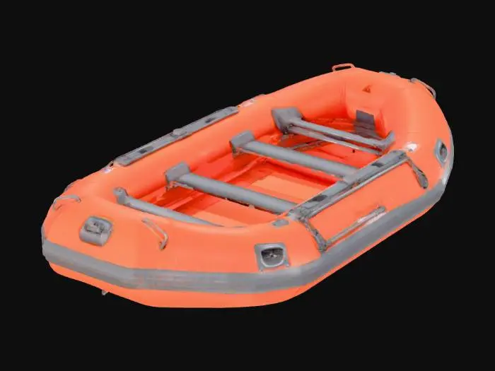 3D model for A sturdy inflatable rafting boat, crafted from heavy-duty, reinforced PVC fabric with a slightly textured, matte finish. Its elongated, ovular shape features multiple air chambers for buoyancy and stability, each a vibrant orange-red color. The thick, dark grey rubberized outer edges provide abrasion resistance, creating a robust, slightly yielding tactile feel. It features a flat floor, offering a stable platform within.