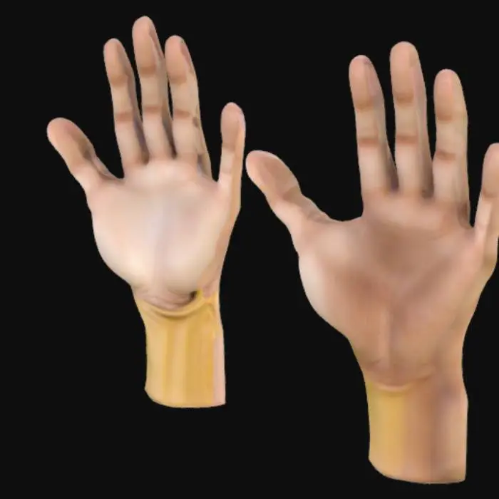 3D model for Generate realistic 3D human hands in a first-person perspective, designed for a rhythm-based combat game. The hands should appear dynamic and expressive, ready to punch, block, or perform quick combat movements.

Details:

Style: Semi-realistic or stylized realistic (not too cartoonish, suitable for a mobile game)

View: First-person camera (as if the player is looking at their own hands)

Gender-neutral and lightly toned skin

No gloves for now (bare hands)

Clean and game-ready topology (optimized for animation and integration in Unity or Unreal Engine)

Lighting: neutral studio lighting for clarity