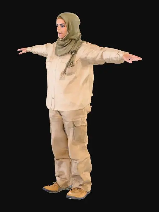 3D model for A working woman from the middle east, afghanistan, khaki clothes, full body view. Pose in a T Pose. Neutral face expression
