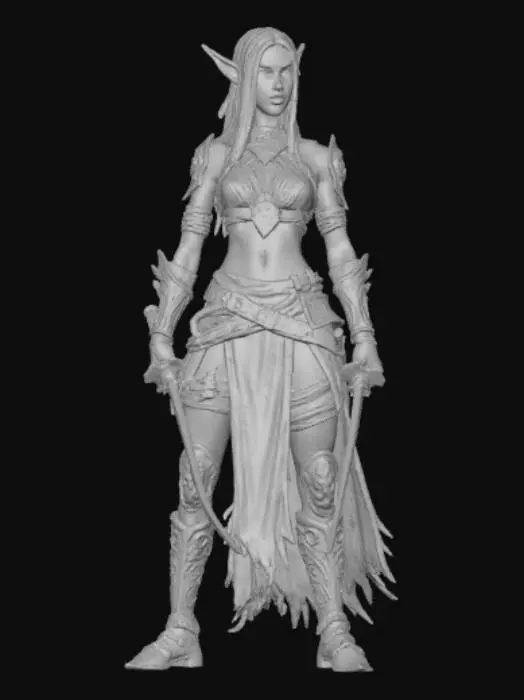 3D model for Темная эльфийка, в открытом легком доспехе с двумя катами, активная поза