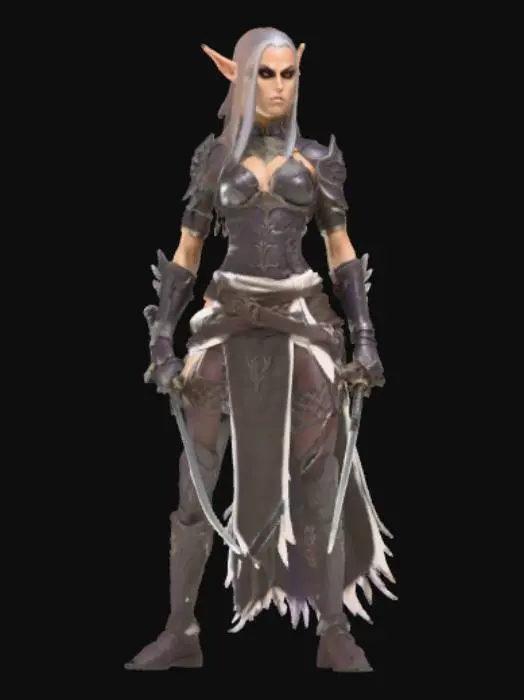 3D model for Темная эльфийка, в открытом легком доспехе с двумя катами, активная поза