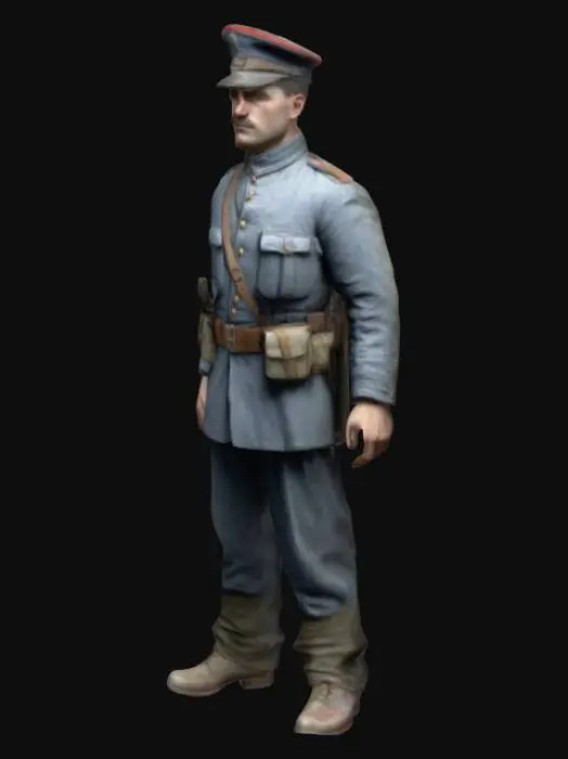 3D model for realistic, highly detailed, WW1 French soldier, no gun, A-Pose, T-Pose