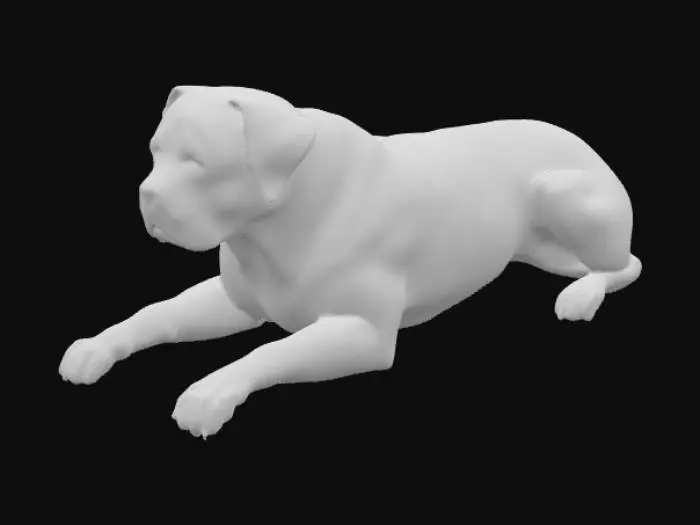 3D model for A black Labrador Pitbull mix dog lays on the ground, resting her head on her paws in front of her