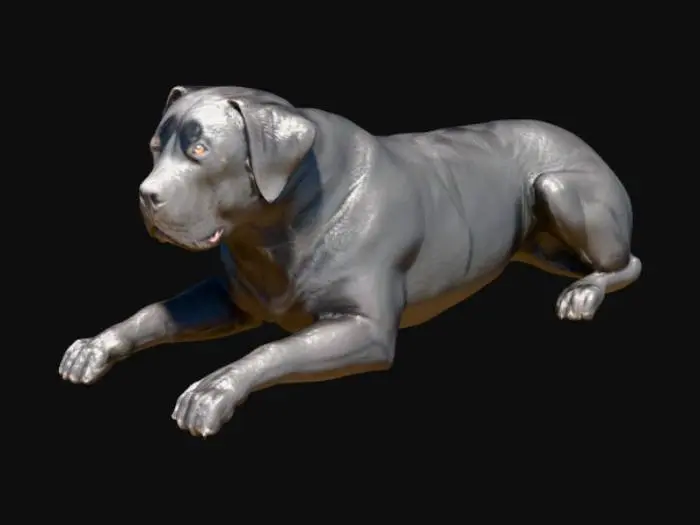 3D model for A black Labrador Pitbull mix dog lays on the ground, resting her head on her paws in front of her