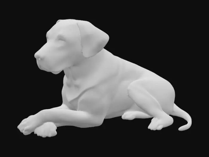 3D model for A black Labrador-great dane mix dog lays on the ground, resting her head on her paws in front of her