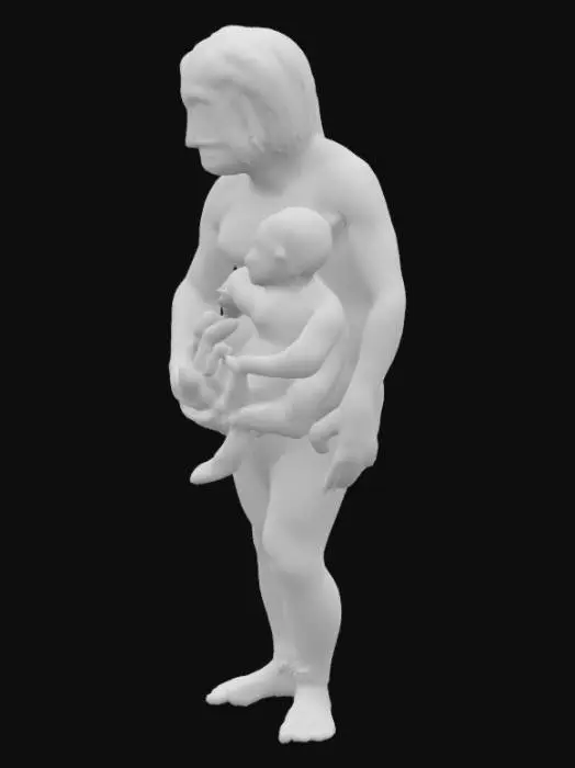 3D model for Crea una donna di neanderthal con l'aspetto neanderthaliano con in braccio un bambino di neanderthal. Rispetta l'aspetto tipico di quel tipo di essere umano

