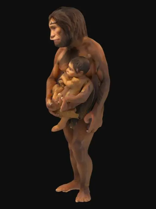 3D model for Crea una donna di neanderthal con l'aspetto neanderthaliano con in braccio un bambino di neanderthal. Rispetta l'aspetto tipico di quel tipo di essere umano
