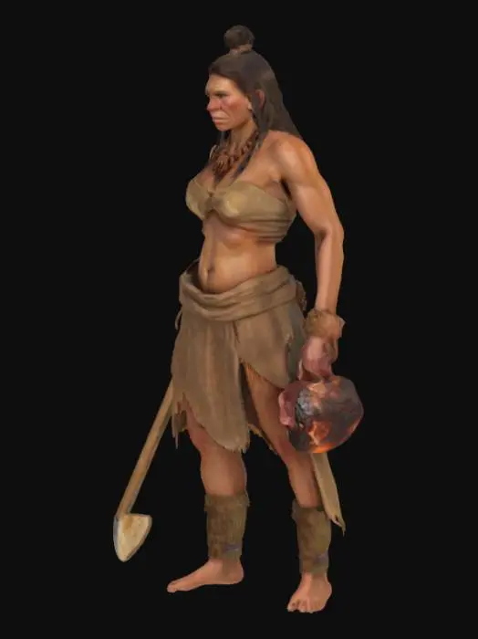 3D model for Crea una donna di neanderthal mentre arrostisce carne. Rispetta i caratterisomatici del periodo storico e i dettagli legati alla preparazione del cibo tipici dell'epoca presistorica
