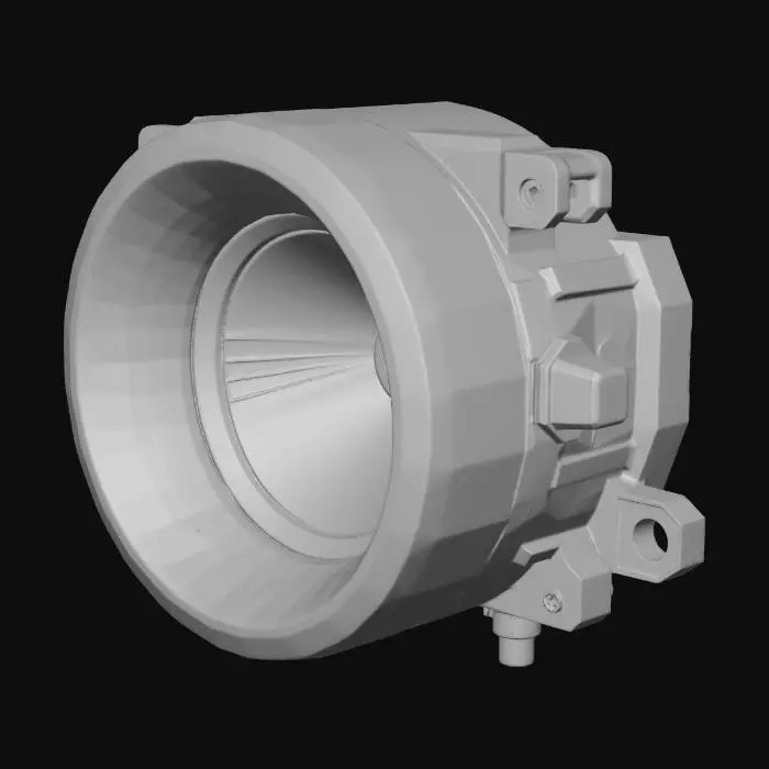 3D model for Generate a high-detail, manifold 3D mesh of a 2012 Land Rover LR2 (L359) Freestyle fog light housing mount. The geometry must include the cylindrical internal sleeve for a 90mm fog lamp unit and the surrounding triangular-profile bezel that seats into the front bumper. Focus on the rear structural architecture: include three integrated plastic clip-tabs for snap-fit installation and two screw-boss reinforcements for vertical adjustment alignment. The front face should feature the signature 'Freestyle' recessed honeycomb texture or smooth matte finish transition. Geometry must be non-manifold, watertight, and optimized for STL/OBJ export with a focus on dimensional accuracy for the mounting flange. Model the fog lamp housing only (ignore the rover)