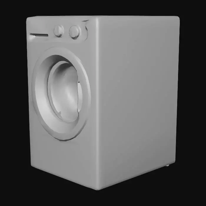 3D model for Modern black front-load washing machine for The Sims 4. Simple rectangular shape with rounded corners. Large dark glass door window in center. Control panel with knobs on top right. Stainless steel handle on door. Clean, minimalist design. High-quality game-ready model. Contemporary appliance style.