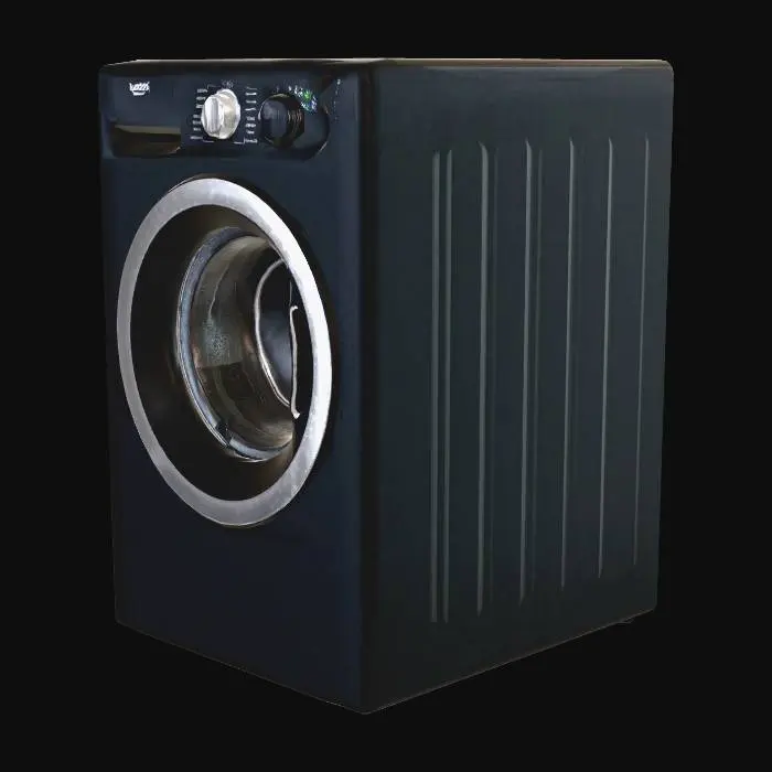 3D model for Modern black front-load washing machine for The Sims 4. Simple rectangular shape with rounded corners. Large dark glass door window in center. Control panel with knobs on top right. Stainless steel handle on door. Clean, minimalist design. High-quality game-ready model. Contemporary appliance style.