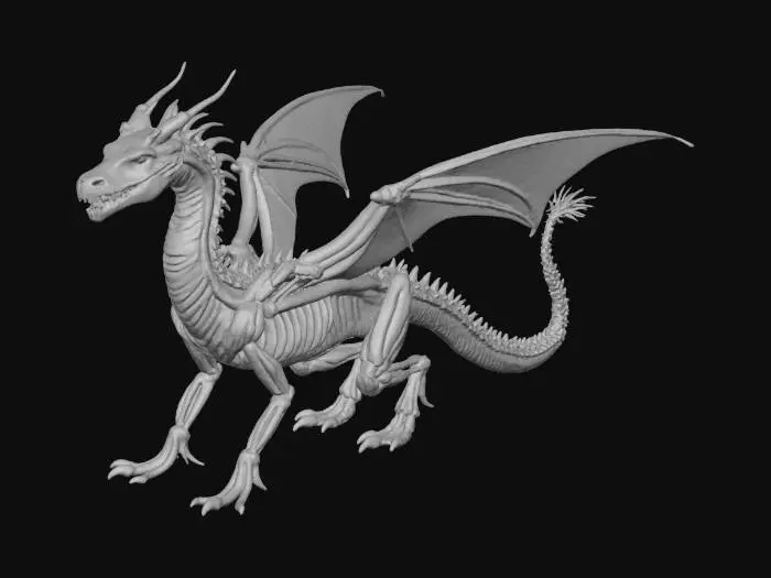 3D model for Ejderha için ultra detaylı, katmanlı anatomik patlatılmış görünüm infografiği. 3/4 izometrik açıda, kısmen şeffaf dış gövde, ayrı ayrı yüzen iskelet, kas, dolaşım, solunum, sindirim, sinir, üreme sistemleri ve belirgin kanat yapıları gösteriliyor. Minimalist etiketli, yumuşak, homojen ışıklı, koyu bilimsel stüdyo fonunda fotogerçekçi 3D medikal render, jilet gibi keskin, 8K, eğitim odaklı.