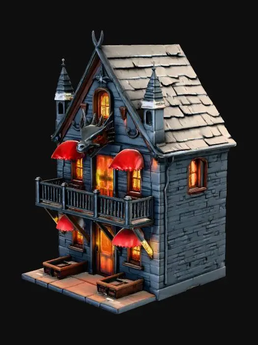 3D model for Bir kasabada yer alan, destansı, çift katlı bir han. Antik, koyu gri taş bloklardan yükselen duvarlar, üst katta geniş, yarı açık bir balkonu destekler; burada sağlam, kızıl renkli tenteler gölge sağlar. Girişteki görkemli, sivri uçlu kovboy kapılarının üzerinde, gizemli rünlerle parıldayan, işlemeli "SALOON" tabelası asılıdır. Her iki yanında, tehditkar kırmızı gözleri parlayan, devasa, yıpranmış ejderha kafatasları bulunur. Yapı sağlam ve eski bir gücü yansıtır.