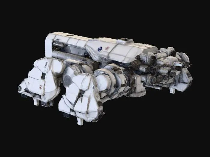 3D model for Create an ultra-realistic, futuristic spacecraft designed for space exploration, mining, and material recovery from wrecks. The ship should have advanced features such as robotic arms, mining tools, and material-processing units, blending sleek, high-tech aesthetics with practical, rugged design elements suited for deep-space salvage missions. The spacecraft should be shown from a direct top-down view, emphasizing its structure and functionality. It should be placed against a completely neutral, flat background with no shadows or any additional elements, to ensure the focus remains entirely on the spacecraft.