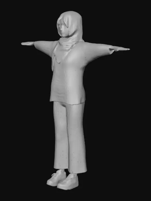 3D model for A 15-year-old girl wearing a neat hijab, long sleeve white T-shirt, black pants, and black sport shoes. Standing in a t-pose with a calm expression. Simple lighting, clean white background, no shadows, crisp and clear character design.