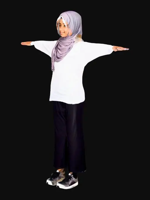 3D model for A 15-year-old girl wearing a neat hijab, long sleeve white T-shirt, black pants, and black sport shoes. Standing in a t-pose with a calm expression. Simple lighting, clean white background, no shadows, crisp and clear character design.