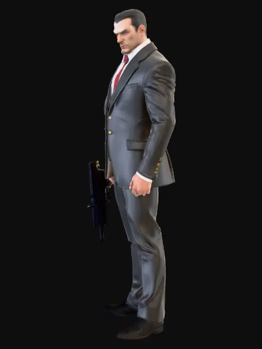3D model for “Create a character image for my game. I’m working on a game with a mafia / James Bond (007) vibe — that kind of action, shooting, and story-driven experience. I want the character to look realistic and cold. He’s similar to Kratos in personality: a man of few words, an excellent fighter, wise, and when he speaks, his words carry weight.”