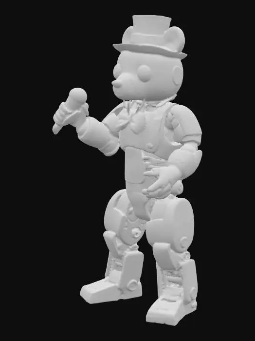 3D model for робот медведь коричнево цвета в руках микрофон стоит на двоих ногах в черном цилиндре красная галстук бабочка
 