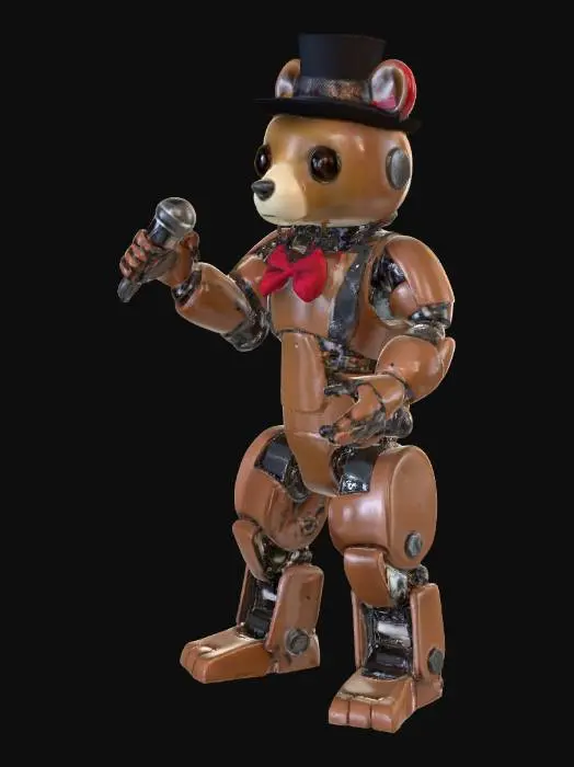 3D model for робот медведь коричнево цвета в руках микрофон стоит на двоих ногах в черном цилиндре красная галстук бабочка
 